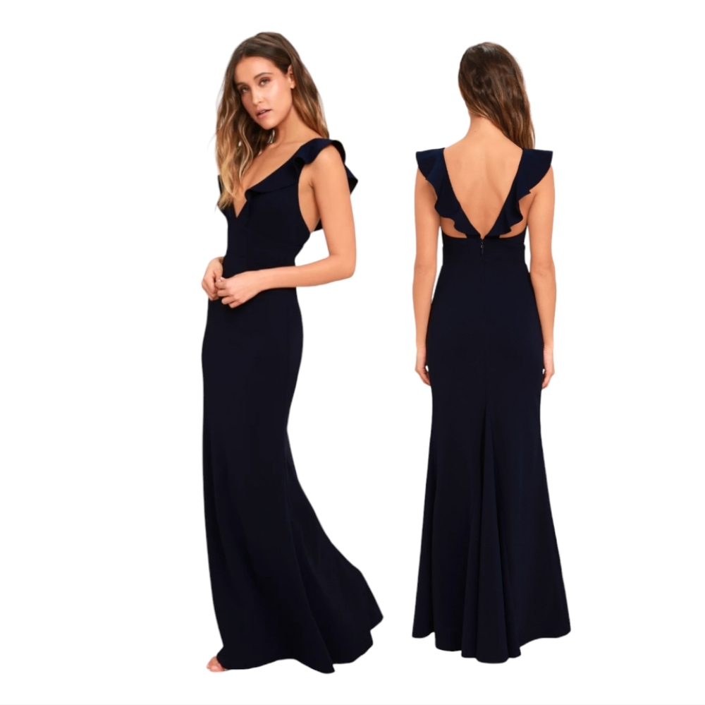 LULUS Navy Blue 'Perfect Opportunity' Ruffle Neckline Maxi Dress size Large